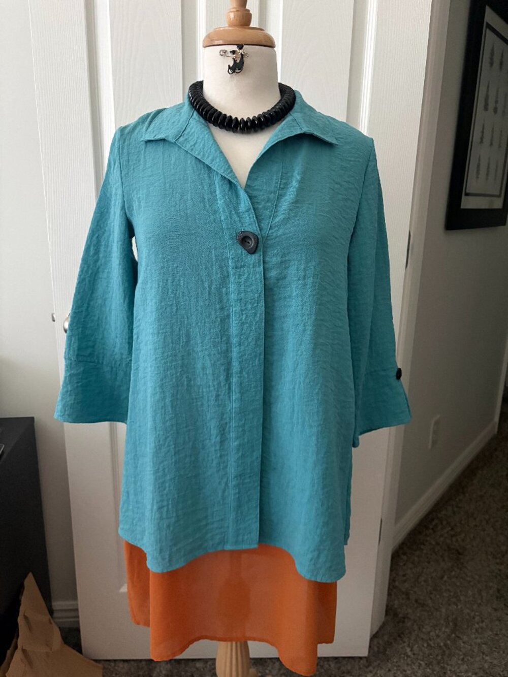 Habitat Button Down Tunic Top Teal Size XS with Bonus Necklace